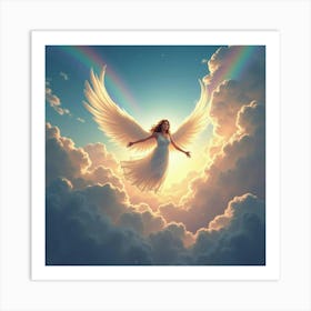 Angel In Bright Skies With Colorful Rainbows, Glowing Scene 1 Art Print