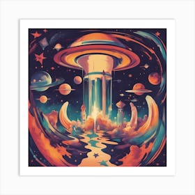 A Retro Style People Space, With Colorful Exhaust Flames And Stars In The Background 3 Art Print