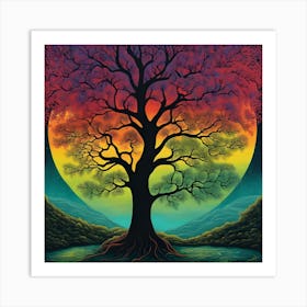 Vibrant Tree Silhouette under Full Moon Art Print