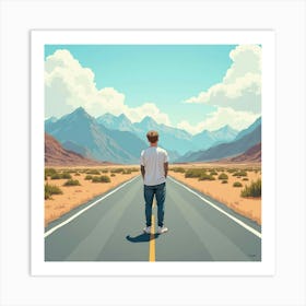 Justin Bieber With An Open Road Ahead, Watercolor Mountains In The Distance Art Print