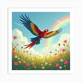 A Colorful Macaw Flying Through A Rainbow Filled Sky Over A Meadow Of Wildflowers Art Print