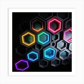 Hexagonal shapes with neon lights, futuristic, cyberpunk, background 12 Art Print