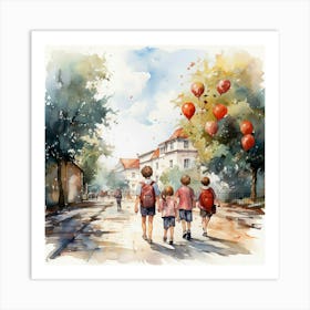 Watercolor Of Children Walking Art Print