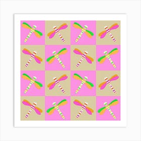Pink And Green Dragonfly Checkerboard Art Print
