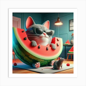 Watermelon Cat Art Print