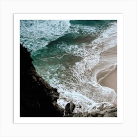 Cliff, Beach, Waves And The Ocean  Colour Travel Portugal  Landscape Square Art Print