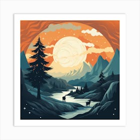 Landscape With Deer Art Print