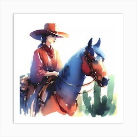 Watercolor Cowgirl Riding A Horse Art Print