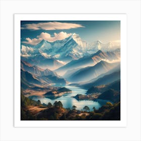 A Breathtaking View Of The Himalayas In Nepal, Showcasing The Majestic Snow Capped Peaks Under A Clear Blue Sky Art Print