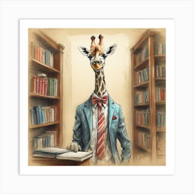 Giraffe In Library 2 Art Print