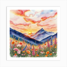 Watercolor Of Mountains And Flowers 3 Art Print