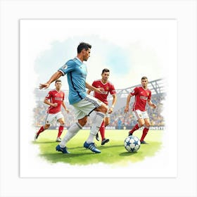 Watercolor Ronaldo Scoring A Stunning Goal, Surrounded By Defenders 1 Art Print