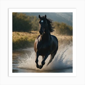 Black Horse Galloping Art Print