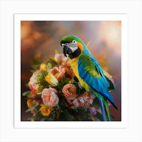 Colorful Parrot With Flowers Art Print