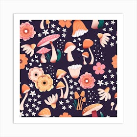 Mushrooms And Flowers Pattern On Purple Square Art Print