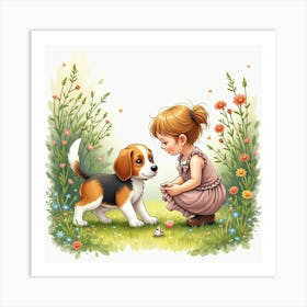 A Beagle And A Young Girl Exploring A Garden Together, Watercolor 1 Art Print