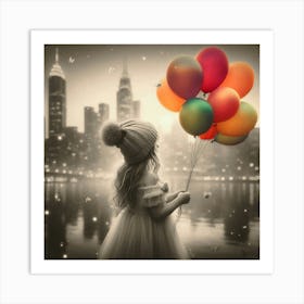 Little Girl Holding Balloons, City Skyline, Dreamy, Selective Color Art Print