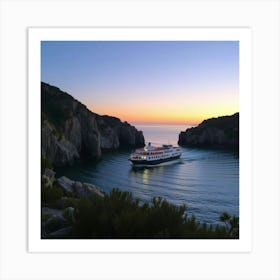 Coastal Ferry Making Its Way Through Rocky Cliffs At Dusk 1 Art Print