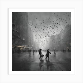 Two People Walking In The Rain Art Print