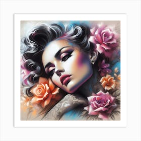 Tattooed Woman With Roses 1 Art Print