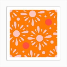 Light Pink Florals On Bright Orange Square Art Print