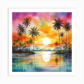 Sunset With Palm Trees Art Print