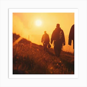 Silhouette Of Hikers At Sunset Art Print