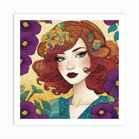 Red Haired Girl With Flowers Art Print