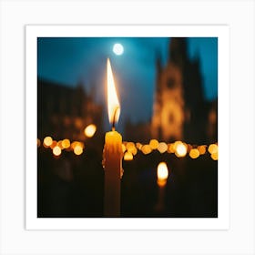 Lit Candle In Front Of Church Art Print