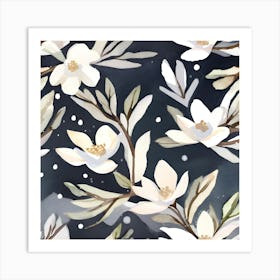 Botanical Wall Art Flowers White Magnolias in Snow #1 Art Print