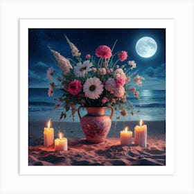 vase flowers on Night At The Beach Art Print