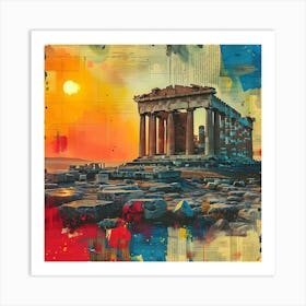 Parthenon at sunset, retro collage Art Print