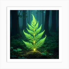 A Radiant Fern With Fronds Of Shimmering, Neon Light In A Fantastical Woodland 1 Art Print