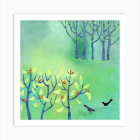 Birds Blossom and Trees Green Landscape Art Print