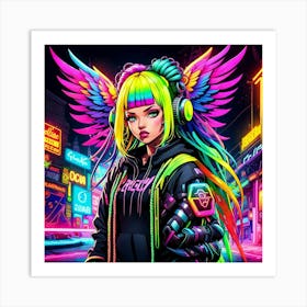 Neon Girl With Wings 2 Art Print