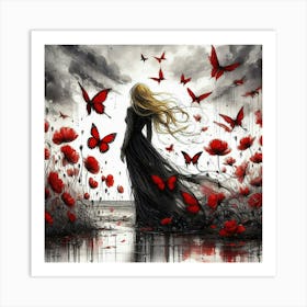 Girl With Red Poppies And Butterflies Art Print