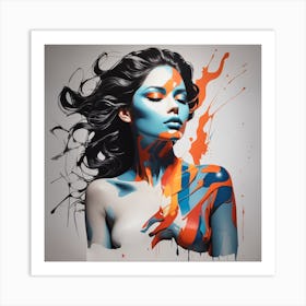 Woman With Blue And Orange Paint Art Print