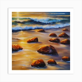 The sea. Beach waves. Beach sand and rocks. Sunset over the sea. Oil on canvas artwork.15 Art Print