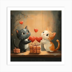 Charming Cartoon Cats Exchange Heart 1 Art Print