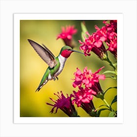 Ruby Throated Hummingbird Gathering Nectar From Beautiful Flowers In An Idealic Setting With Perfec 545491767 (2) Art Print
