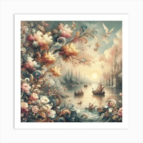 A wonderful painting of a castle with the sea and sailboats next to it 11 Art Print