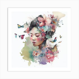 Watercolor Floral Asian Woman #6 Art Print