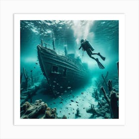 Into The Water Snorkeling In Amsterdam S Crystal Clear Lake, Unveiling A Sunken Shipwreck Style Hyperrealistic Underwater Art (1) Art Print