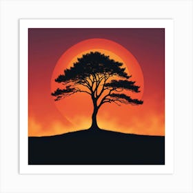 Silhouette Of A Tree At Sunset,A Minimalist Line Drawing Of A Lone Tree Silhouetted Against A Fiery Sunset Art Print