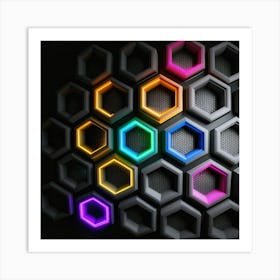 Hexagonal shapes with neon lights, futuristic, cyberpunk, background 16 Art Print