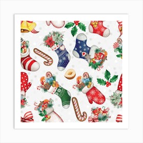 Christmas Socks Gloves Candy Cane Stocking Seamless Art Print