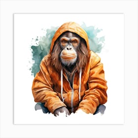 Watercolour Cartoon Orangutan In A Hoodie 1 Art Print