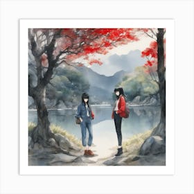 Two Girls Standing By A River Art Print