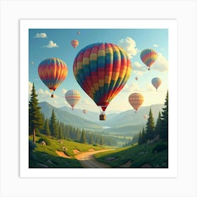 Colorful Hot Air Balloons Drifting Over A Lush Landscape 1 Art Print