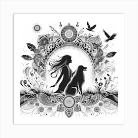 Boho art Silhouette of woman with dog 1 Art Print